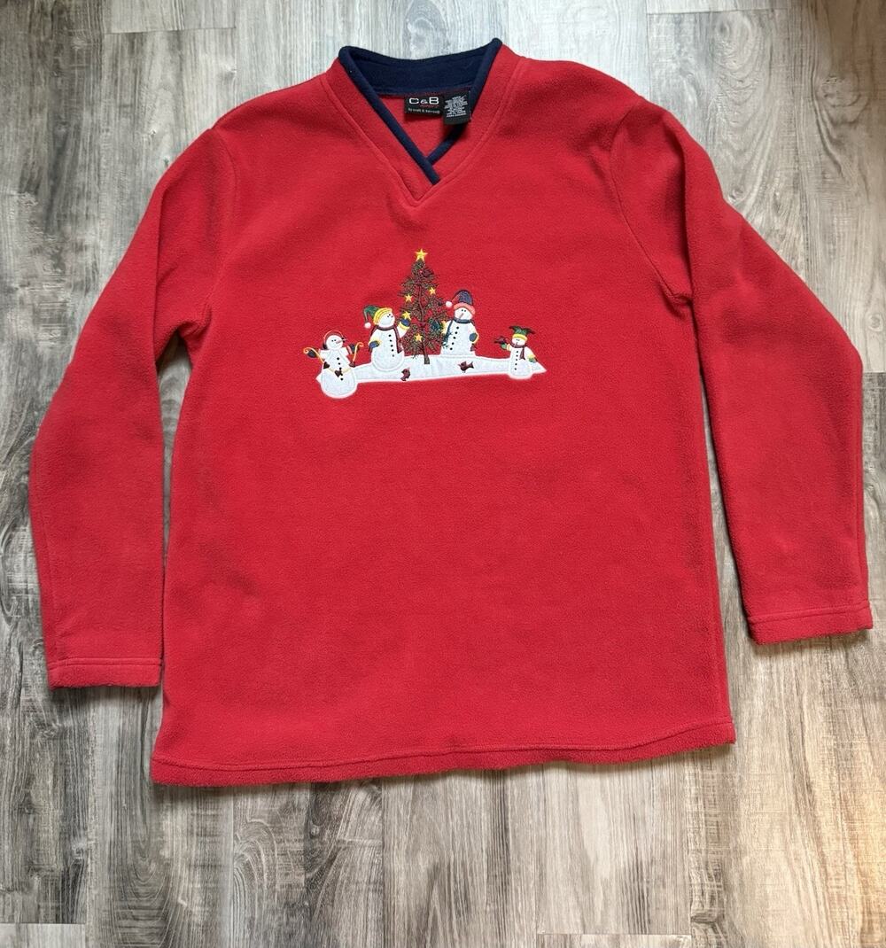 Croft & Barrow Sweatshirt Womens Medium Red Fleece Snowman Christmas Pullover